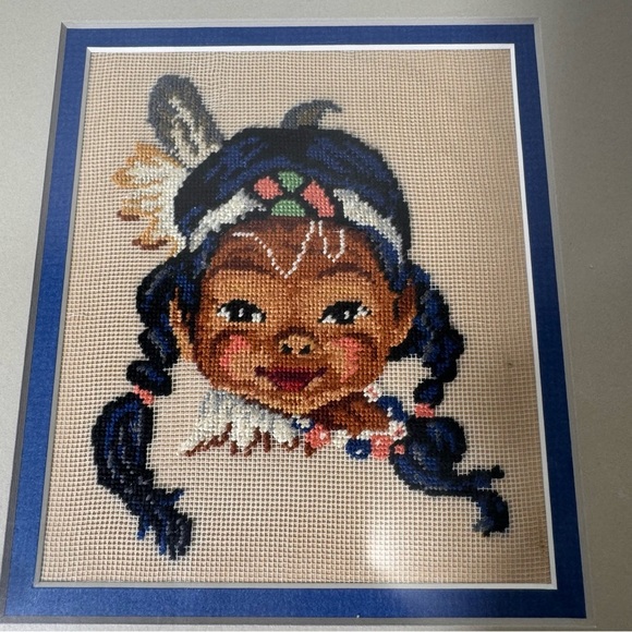 Petit Point Framed Wall Art, Native American Girl, Needlepoint - Picture 4 of 11
